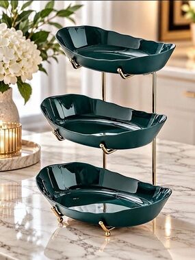 Three-Tier Green & Gold Serveware Stand
